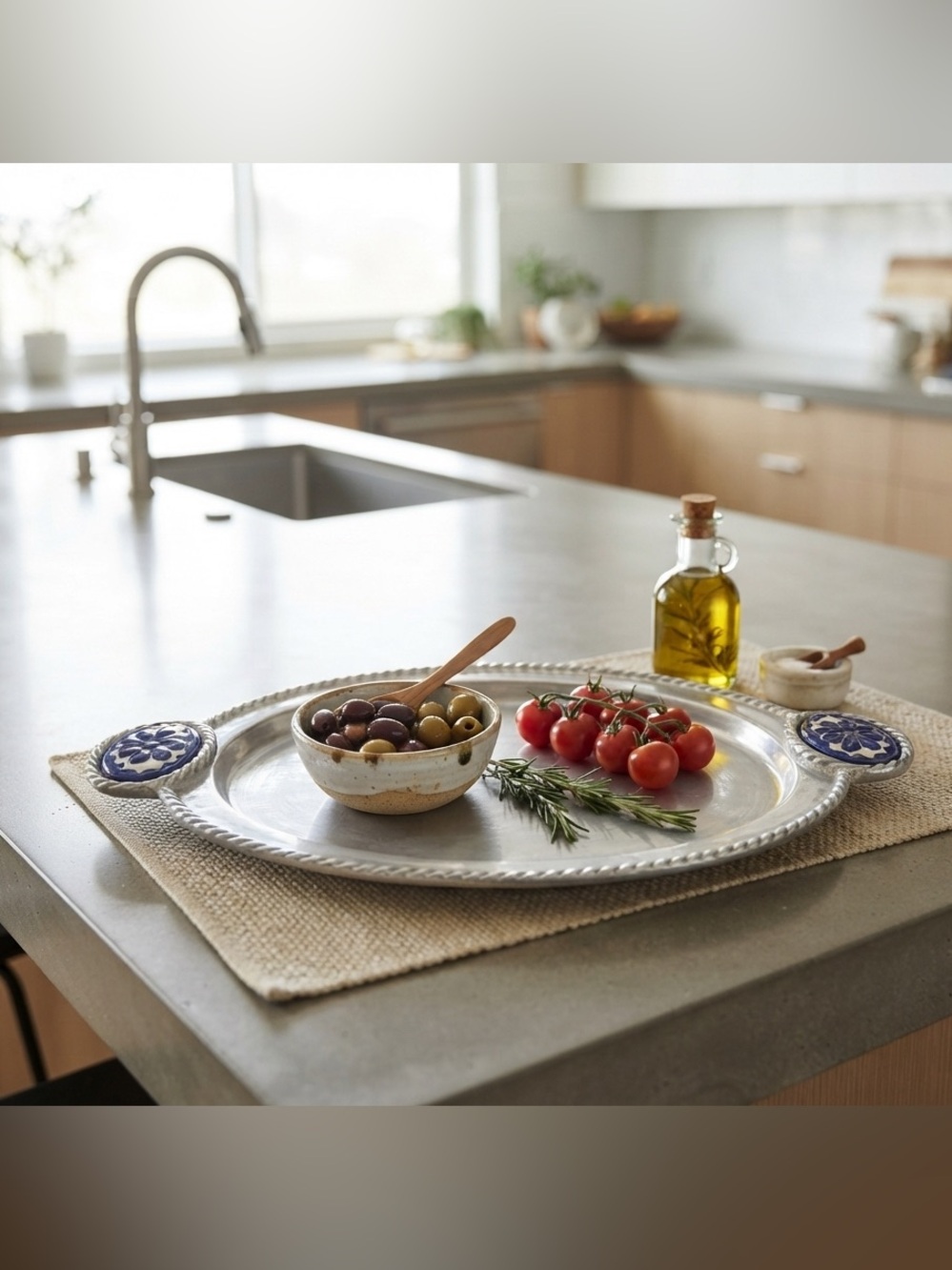 Serving tray featuring a rope-style border and ceramic Talavera tile inlays